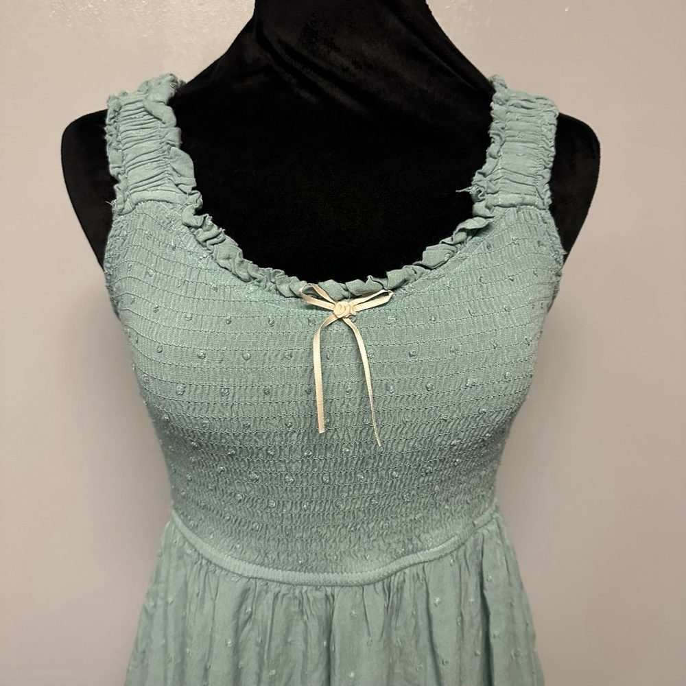 Women's MINE Green Smocked Tiered Mini Dress with Bow Size medium babydoll fairy - Picture 8 of 9